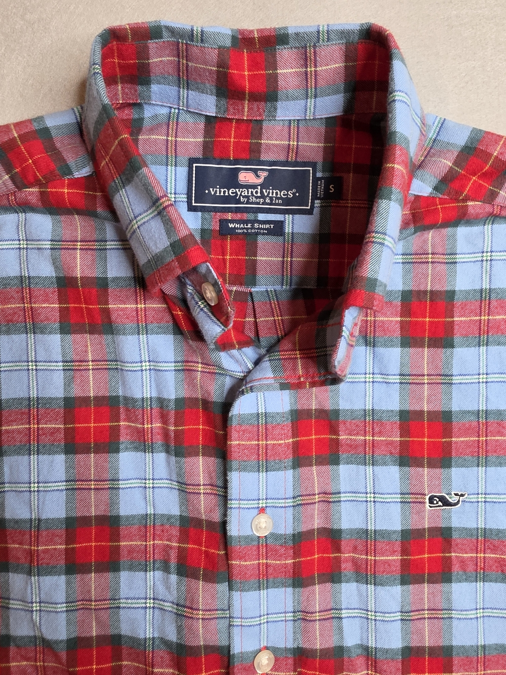 Vineyard Vines Men's Red and Light Blue Plaid Button-Down Shirt Size Small